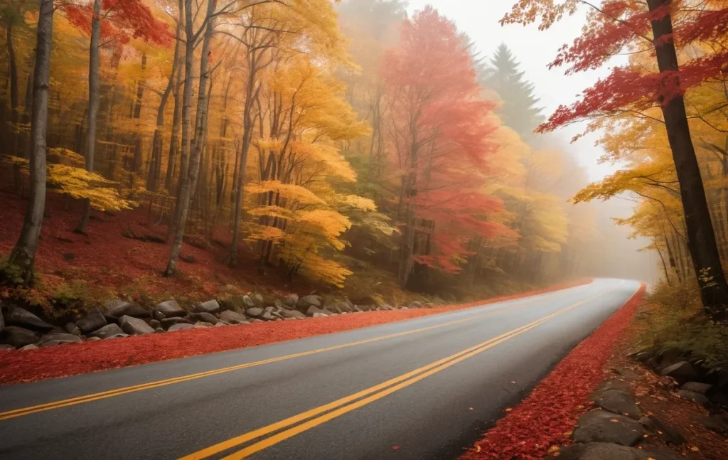 Winding road through a forest of red, orange and yellow autumn trees