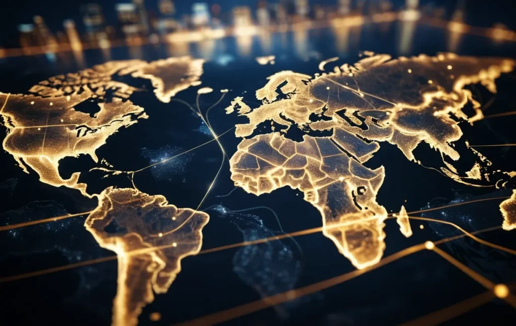 Glowing digital world map showing global connectivity