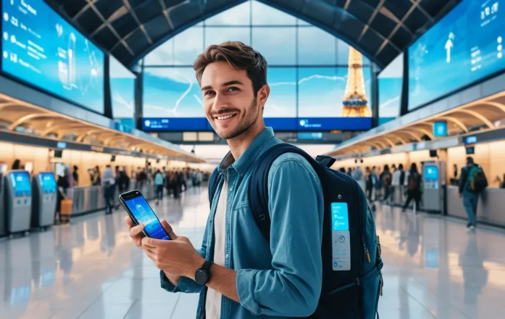 Smiling traveller with a backpack using his phone in a busy airport terminal